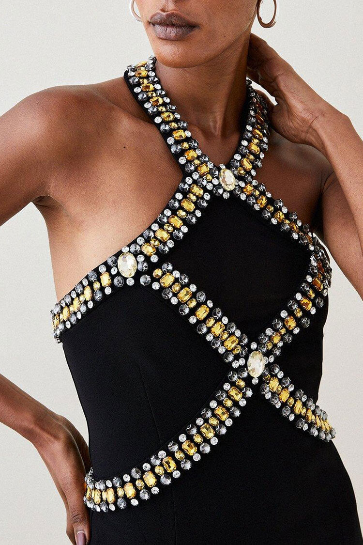 Rhinestone Halter Neck Beaded Bandage Bodycon Midi Dress - View 3