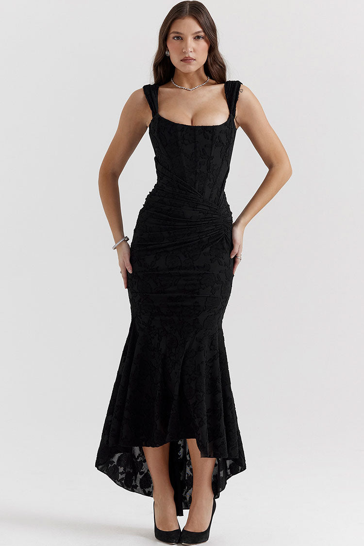 Floral Square Neck Corset Ruched Fishtail High Low Maxi Dress in Black