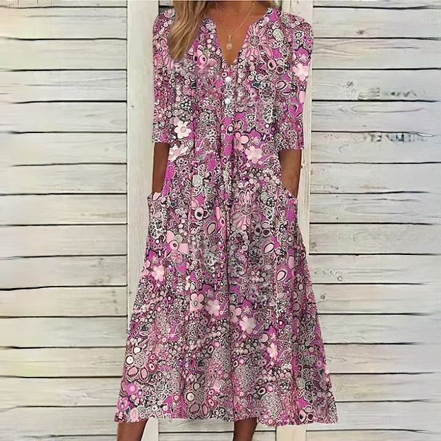 V-Neck Half Sleeve Side Pocket Relaxed A-Line Midi Dress - View 3