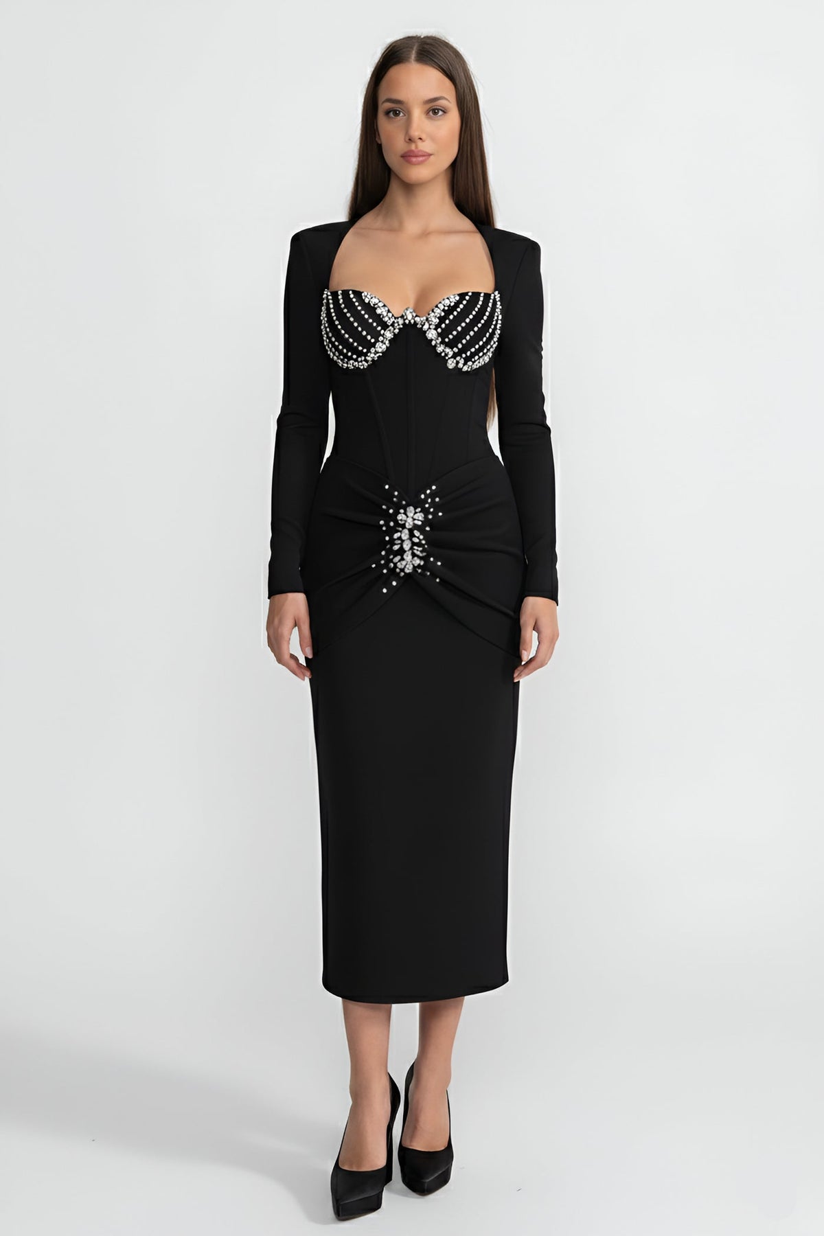 Rhinestone Corset Bustier Long Sleeve Bodycon Midi Dress