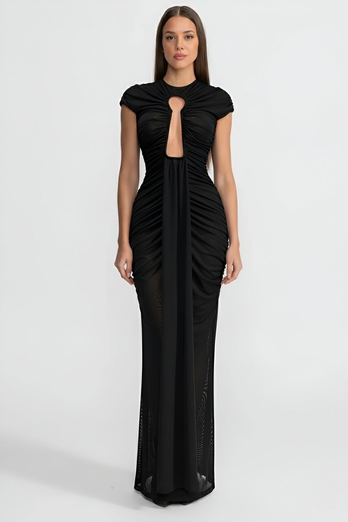 Mock Neck Keyhole Cut Out Ruched Draped Panel Bodycon Maxi Gown