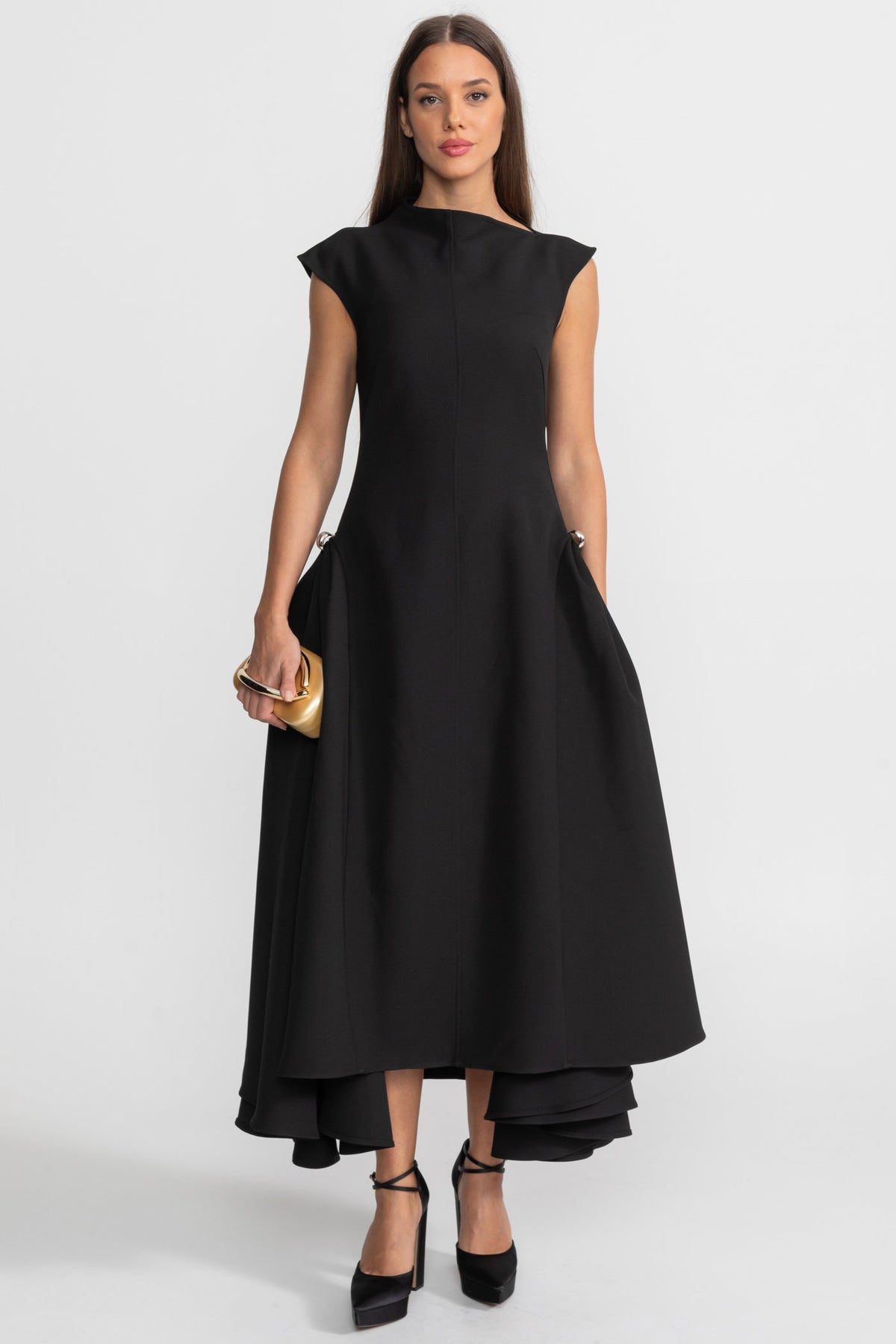 Sleeveless High Neck Metal Ring Hip Fold Sculptural High Low Midi Dress