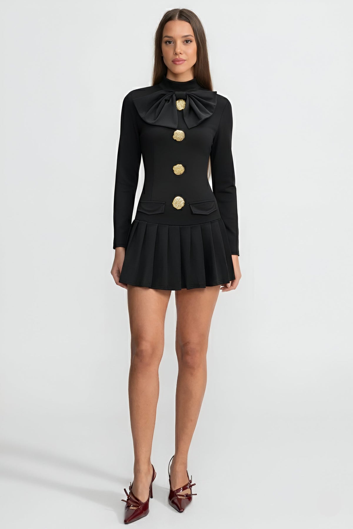 Bow Neck Metallic Button Flap Pocket Box Pleat Long Sleeve Mini Dress