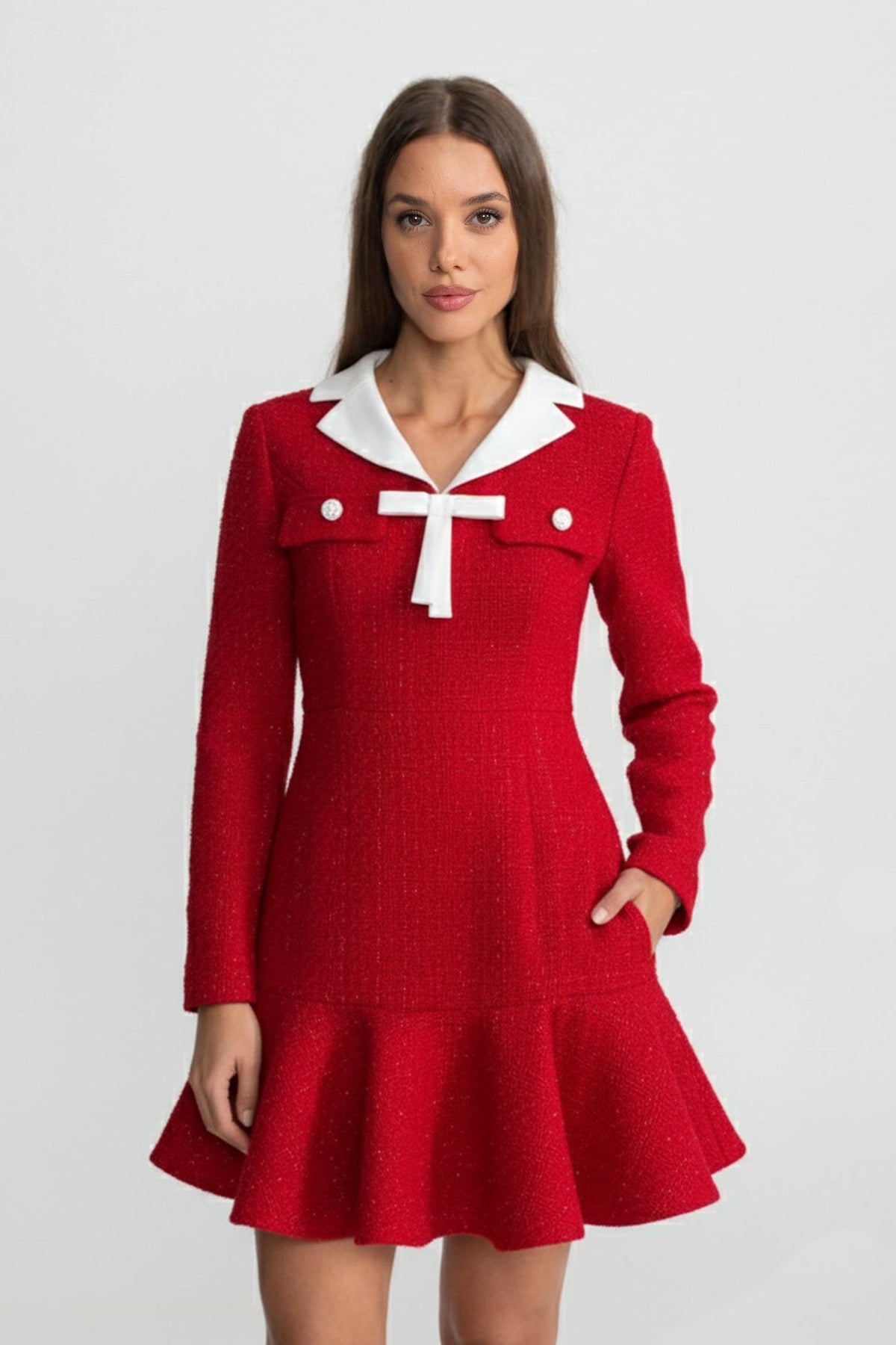 Tweed Sailor Collar Bow Flap Pocket Ruffle Hem Long Sleeve Mini Dress