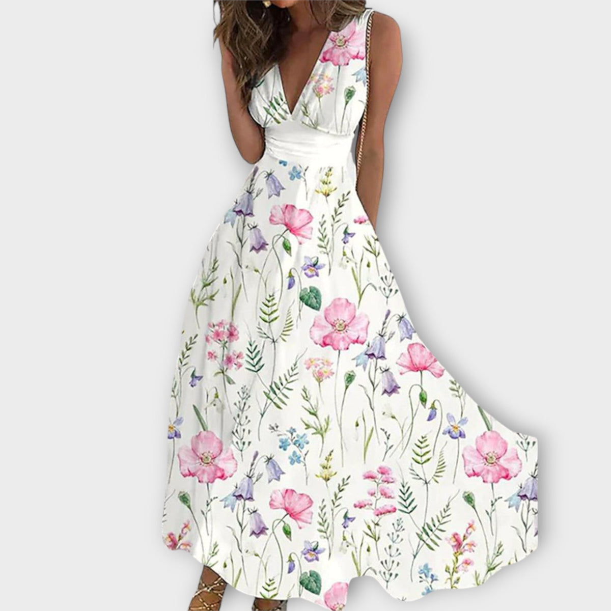 Wildflower Floral Deep V-Neck Sleeveless A-Line Midi Dress