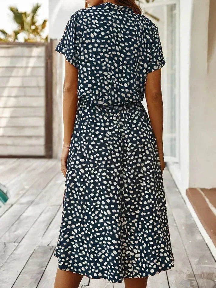 Animal Print Collared Short Sleeve Drawstring Midi Shirt Dress 9