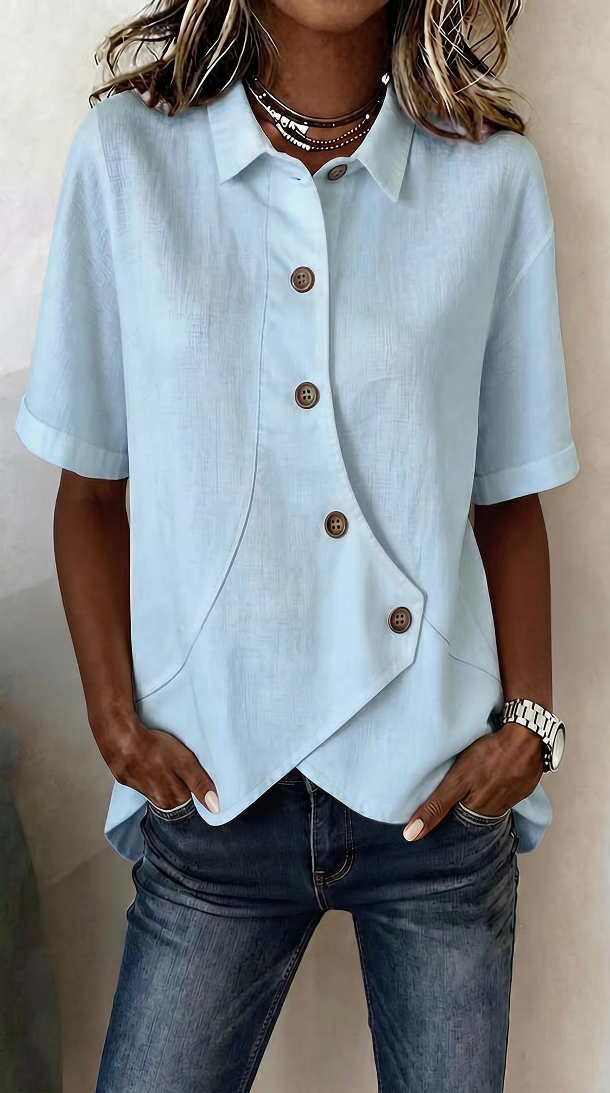 Asymmetric Button Front Collared Short Sleeve Linen Blouse 4