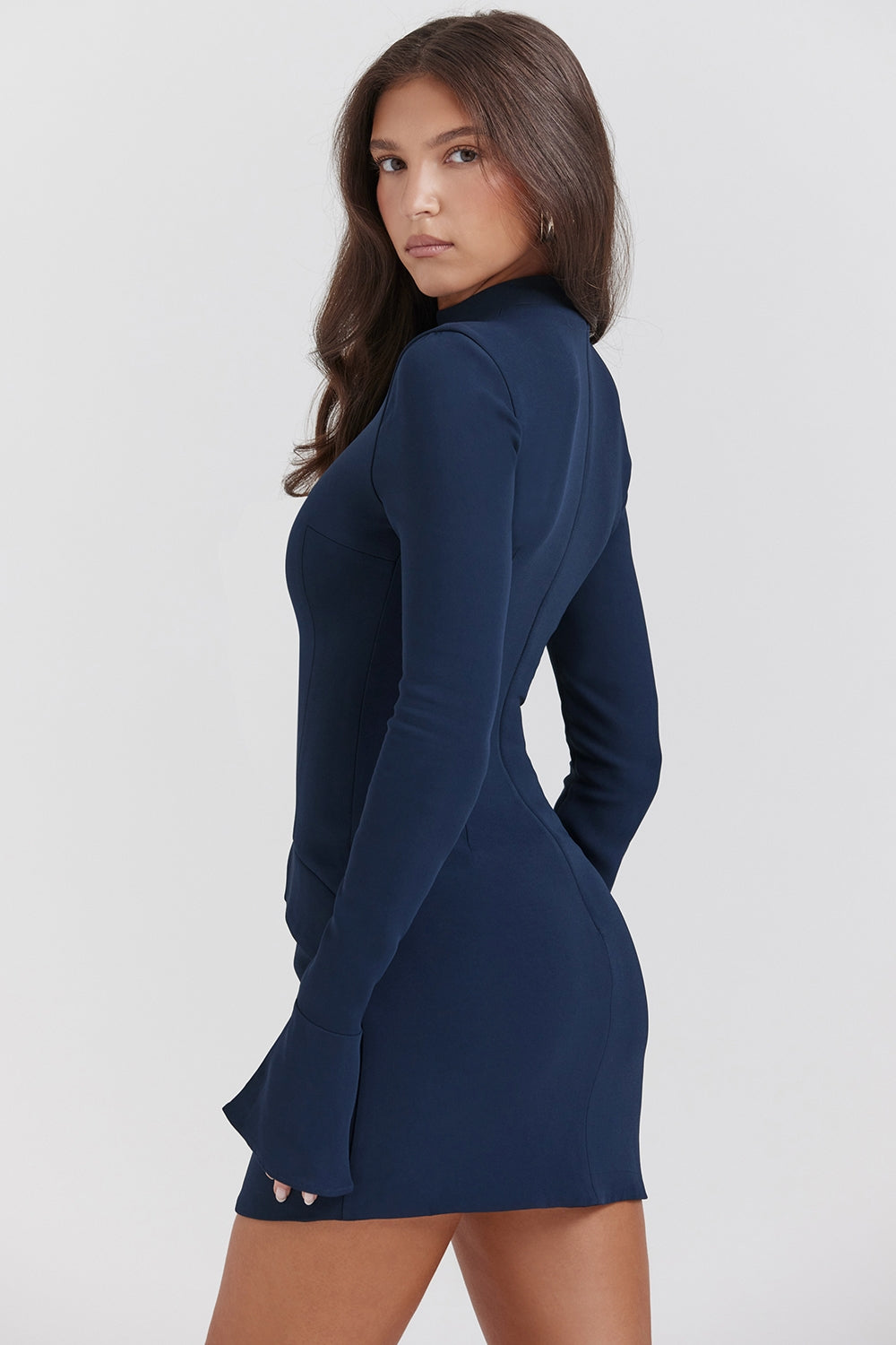 Mock Neck Bell Sleeve Pocket Flap Structured Bodycon Mini Dress - View 2