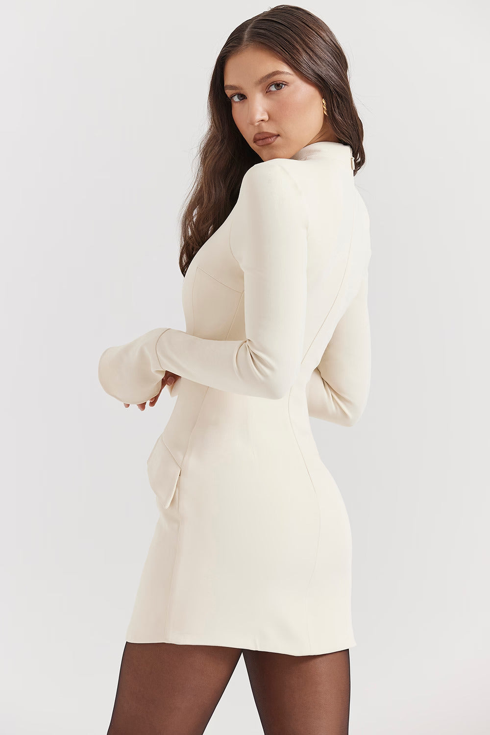 Mock Neck Bell Sleeve Pocket Flap Structured Bodycon Mini Dress - View 13
