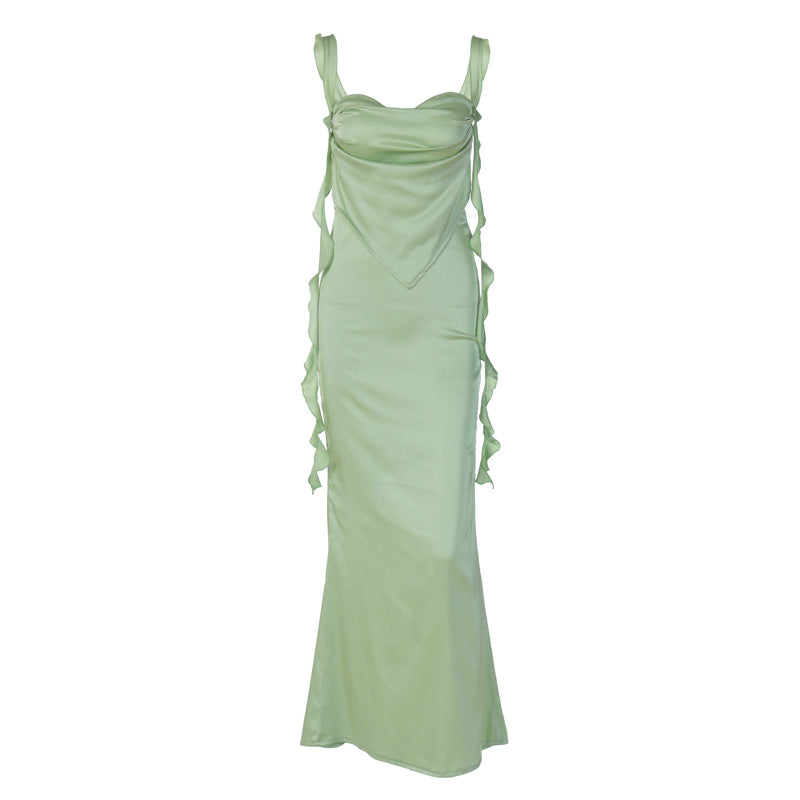 Satin Cowl Neck Backless Ruffle Strap Tie Back Maxi Gown - View 7
