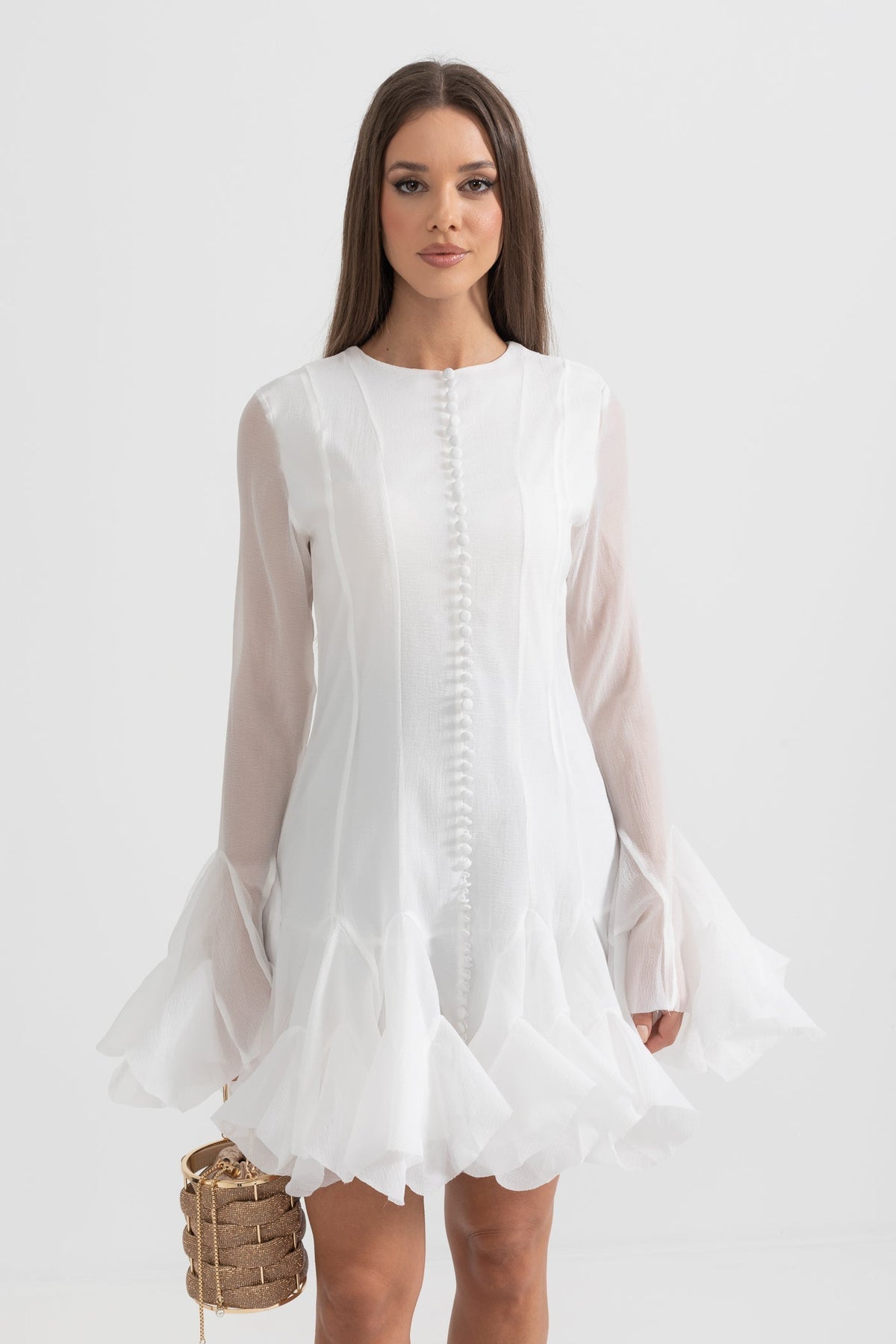 Long Sleeve Button Front Ruffle Cuff Tiered Flounce Mini Dress - View 3
