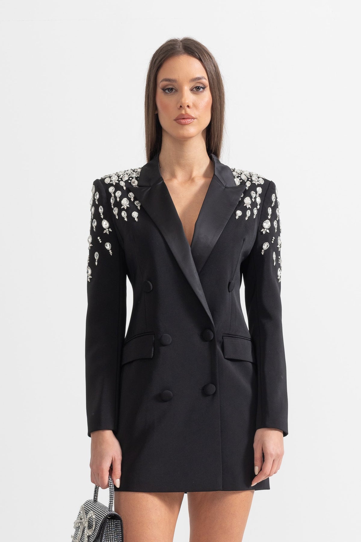 Satin Peak Lapel Rhinestone Shoulder Double Breasted Mini Dress
