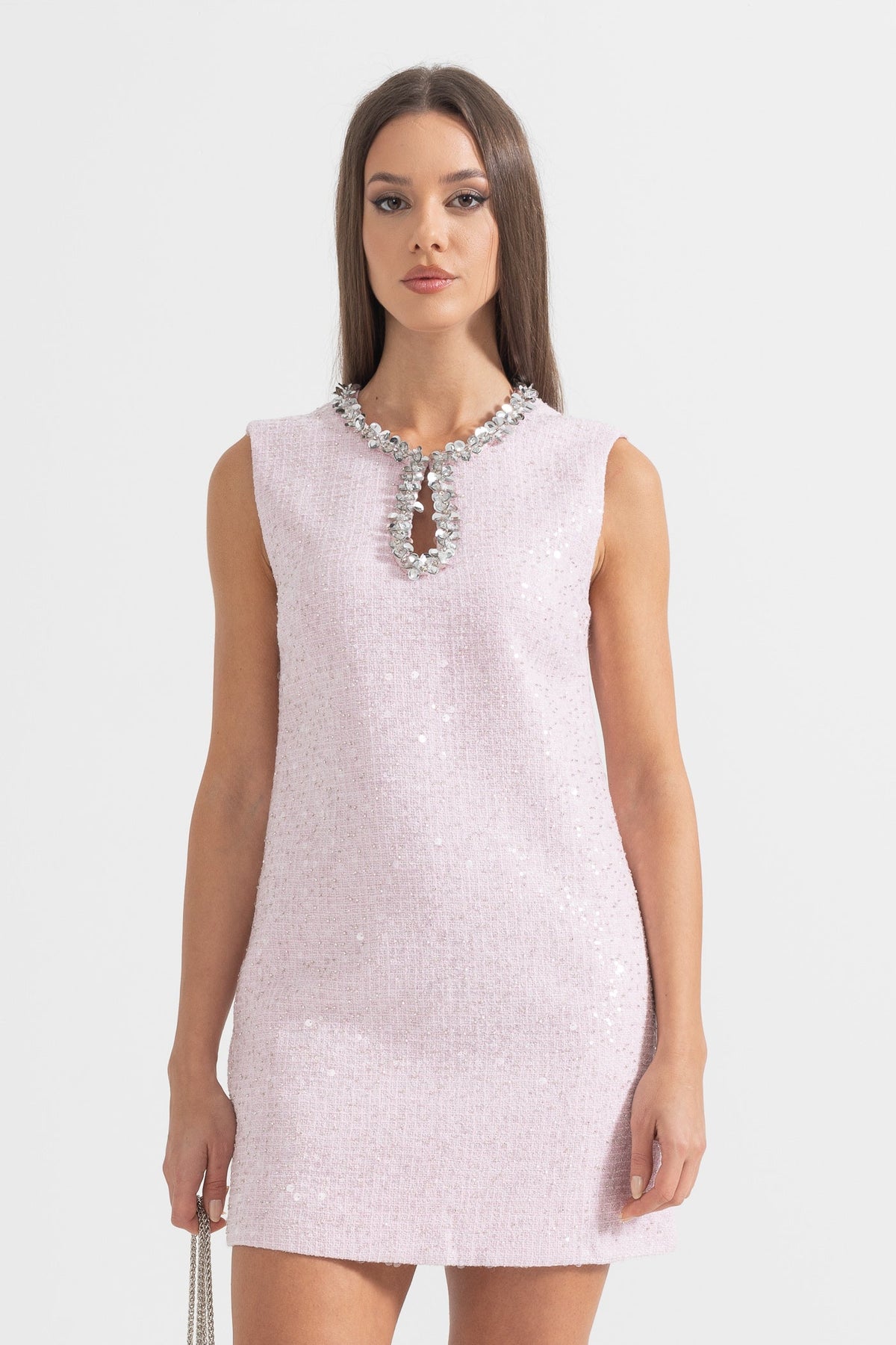 Sequin Tweed Teardrop Keyhole Floral Sequin Trim Shift Mini Dress - View 3
