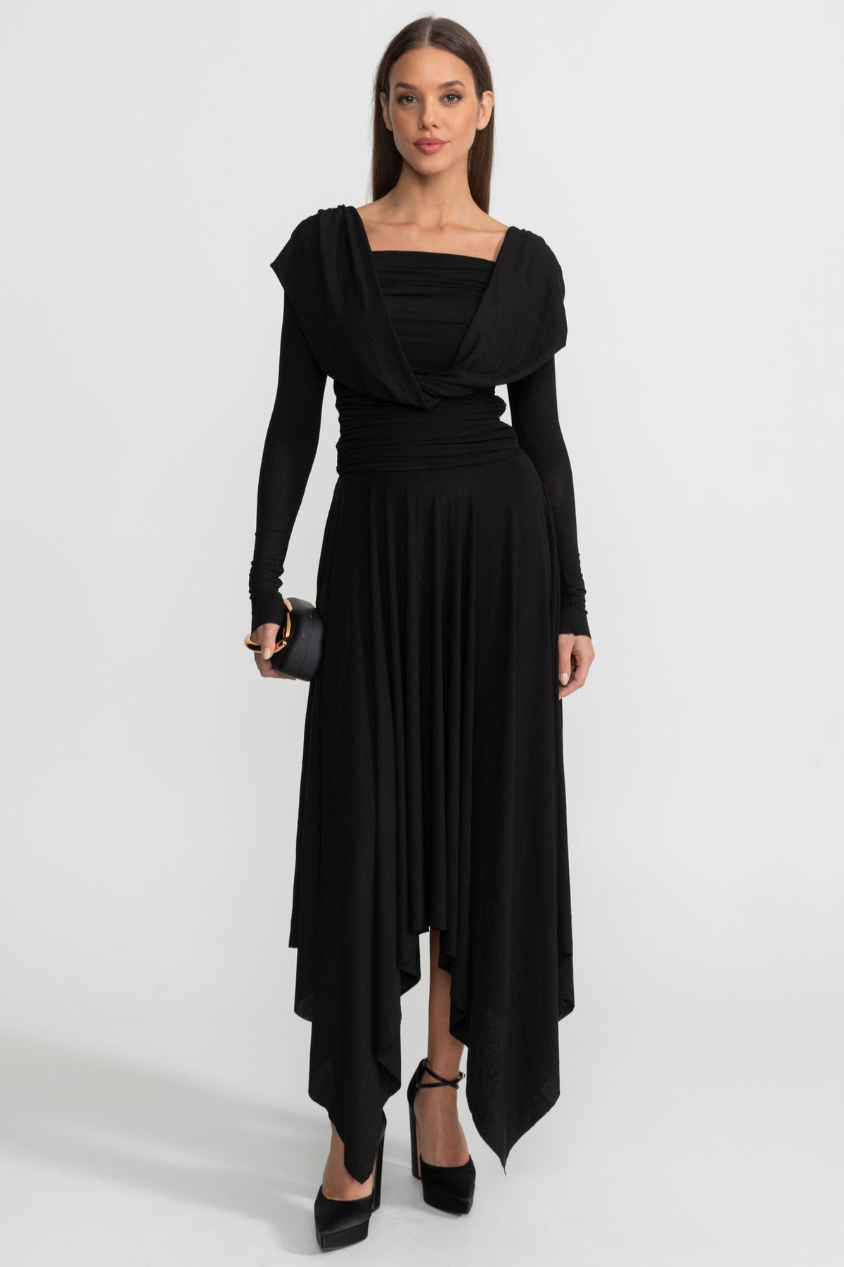 Draped Long-Sleeve Asymmetric Midi Dress – Black - View 3