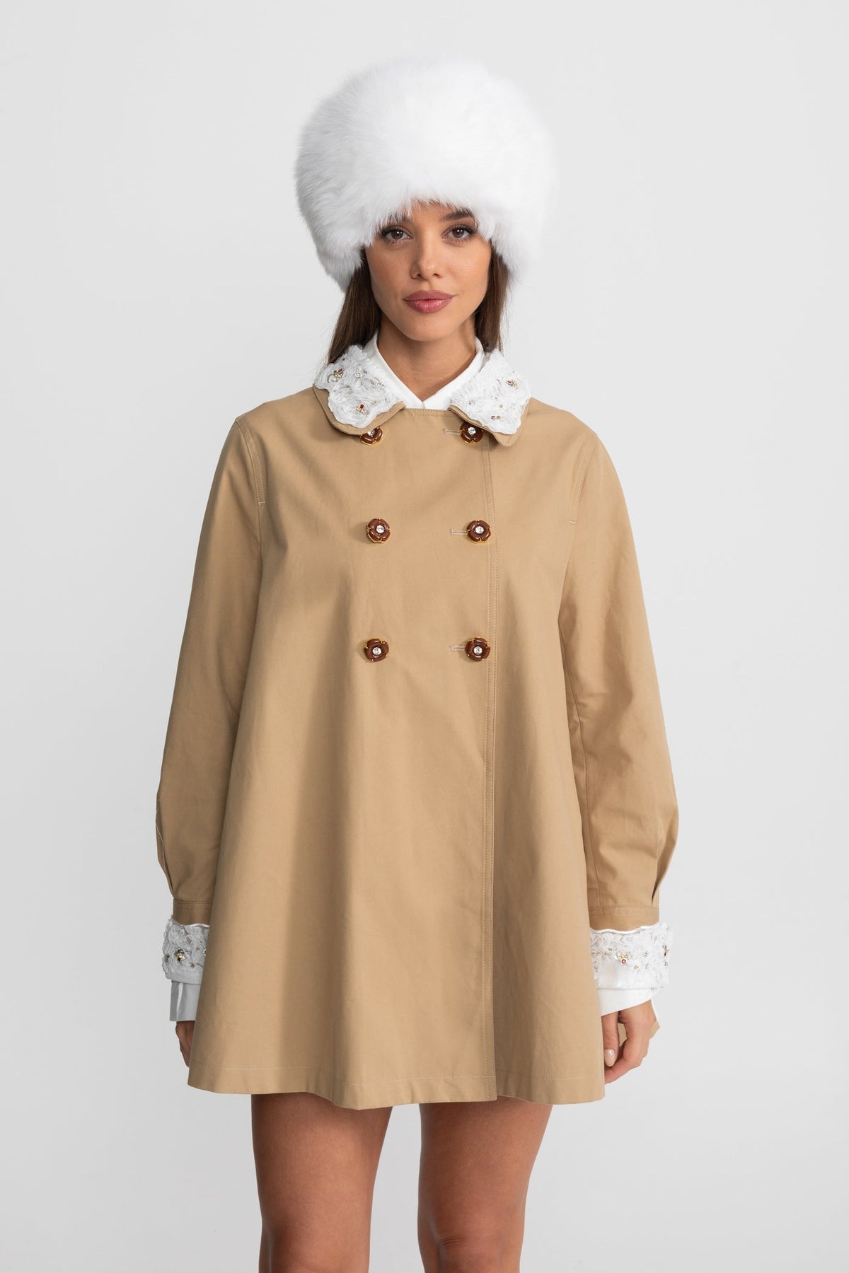 A-Line Trench Mini Dress With Embroidered Collar – Camel - View 4