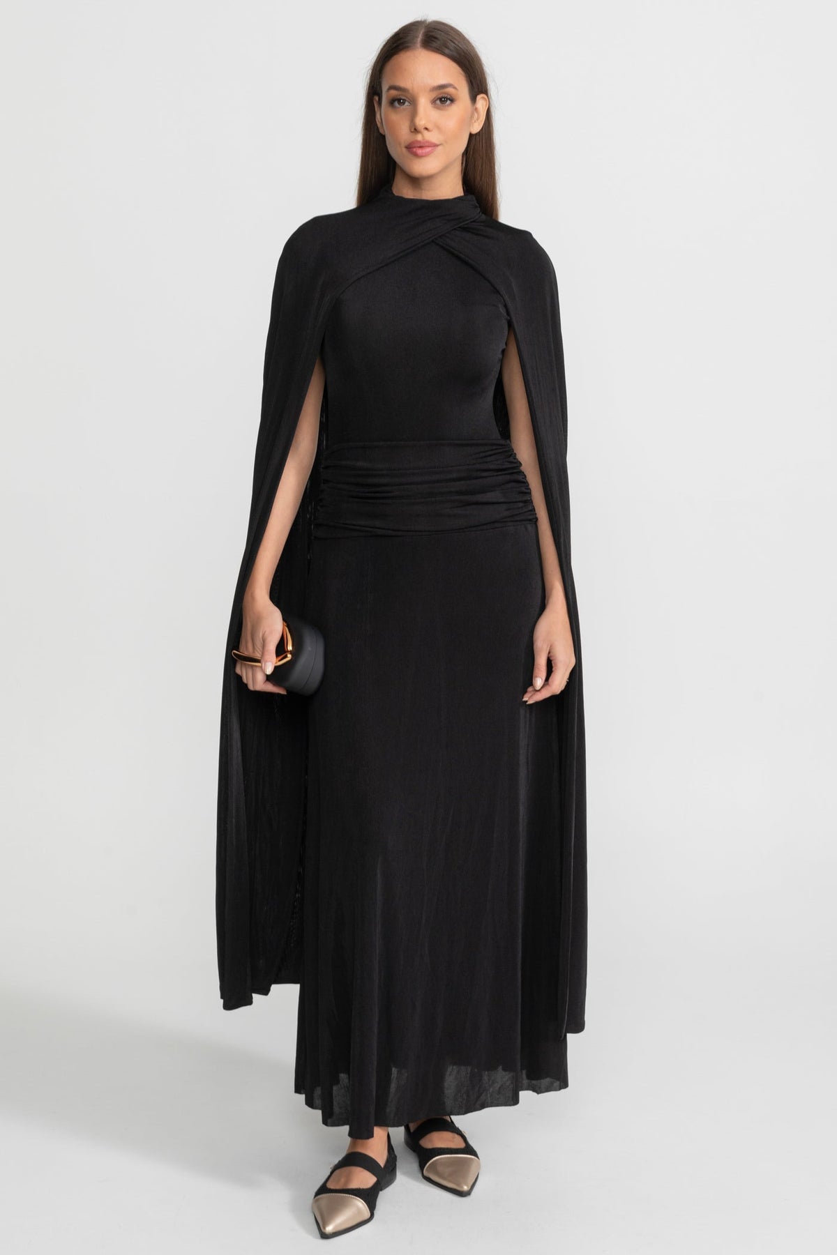 Draped Cape Maxi Dress With Ruched Waist – Black