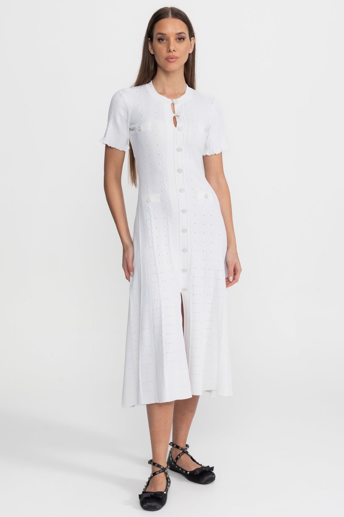 Knit Button-Front Midi Dress with Scalloped Sleeves – White - View 4