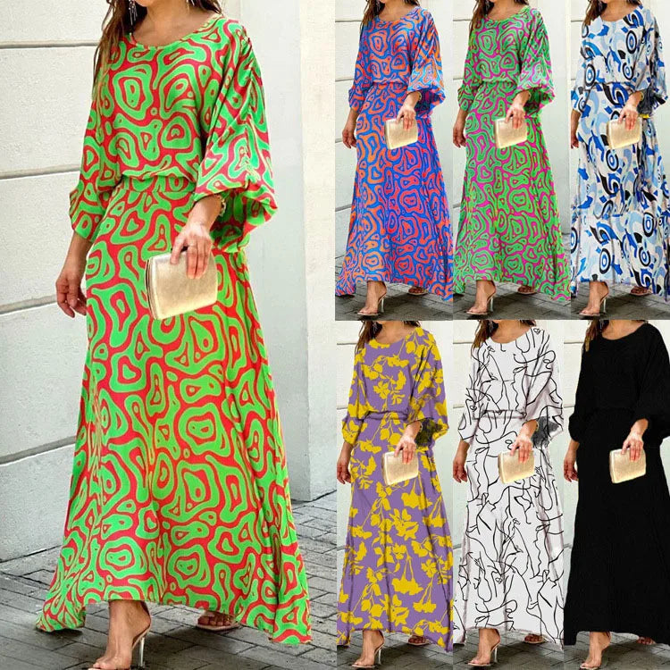 Round Neck Balloon Sleeve Elastic Waist Flowy Maxi Dress - View 6