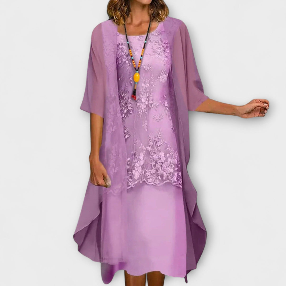 Floral Lace Overlay Dress and Chiffon Duster Two Piece Set 2