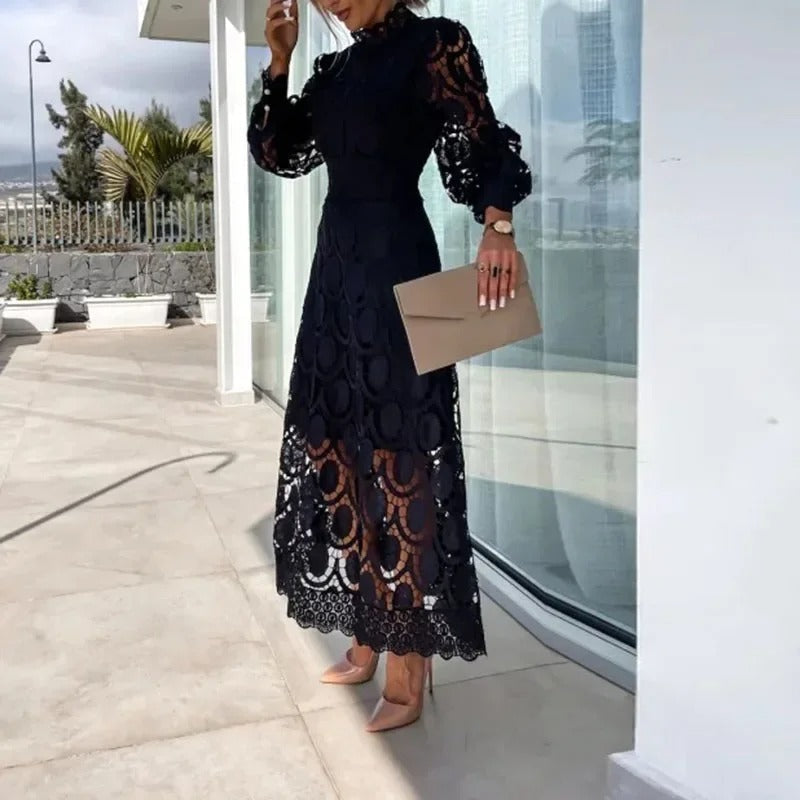 Lace Mock Neck Puff Sleeve Structured Waistband A-Line Midi Dress - View 7