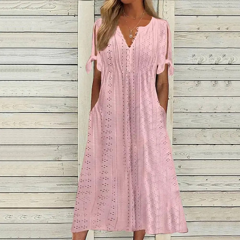 Eyelet Hollow Out V-Neck Button Front Tie Cuff A-Line Midi Dress - View 3