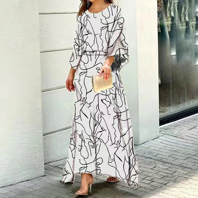 Crew Neck Lantern Sleeve Flowy Maxi Dress - View 5