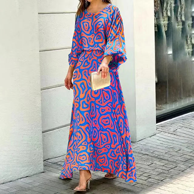 Round Neck Balloon Sleeve Elastic Waist Flowy Maxi Dress - View 4