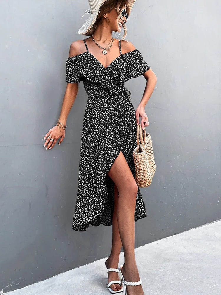 Floral Print Cold Shoulder Ruffle Wrap Midi Dress - View 5