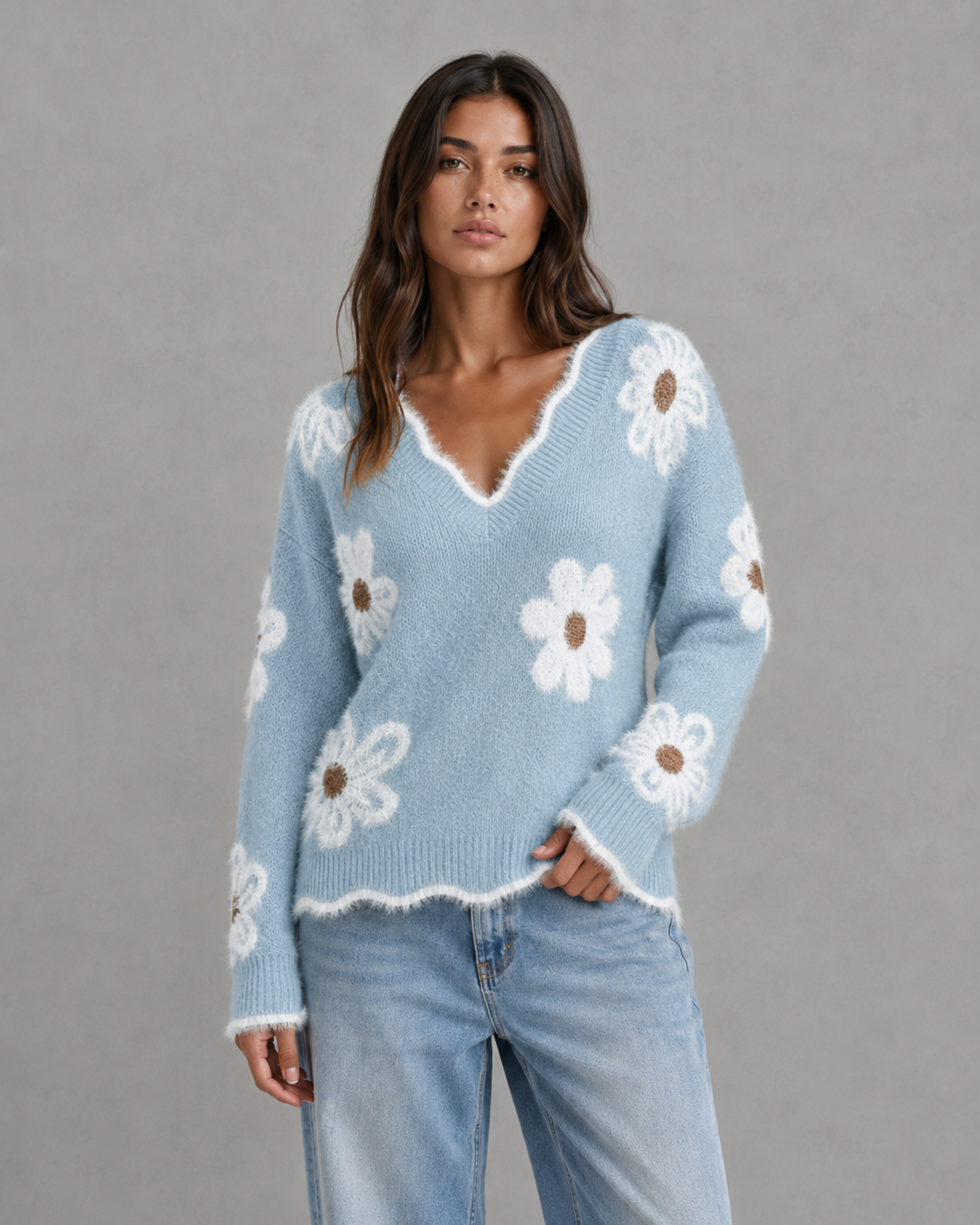 Floral Fuzzy Trim V-Neck Knit Sweater 10