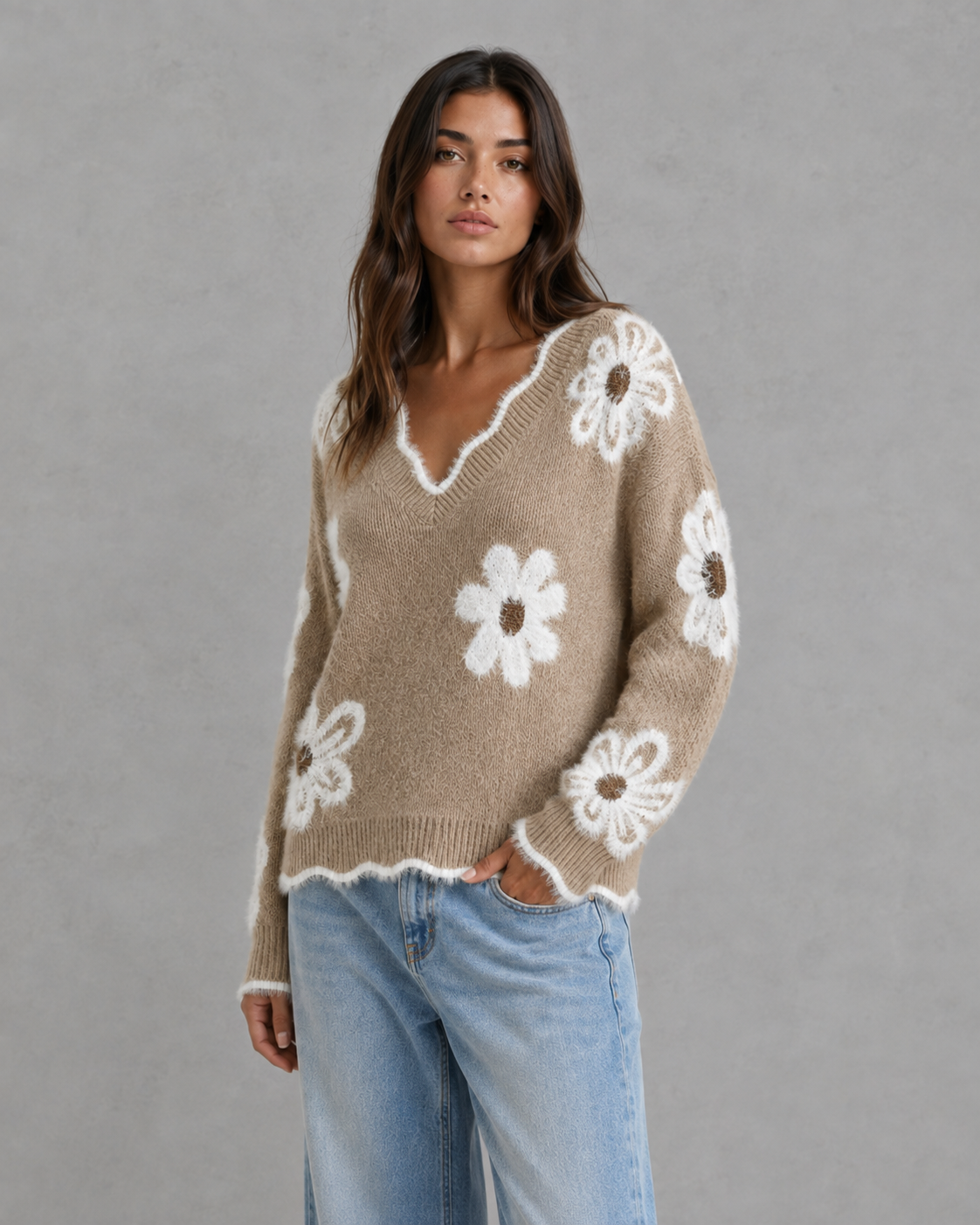 Floral Fuzzy Trim V-Neck Knit Sweater 2