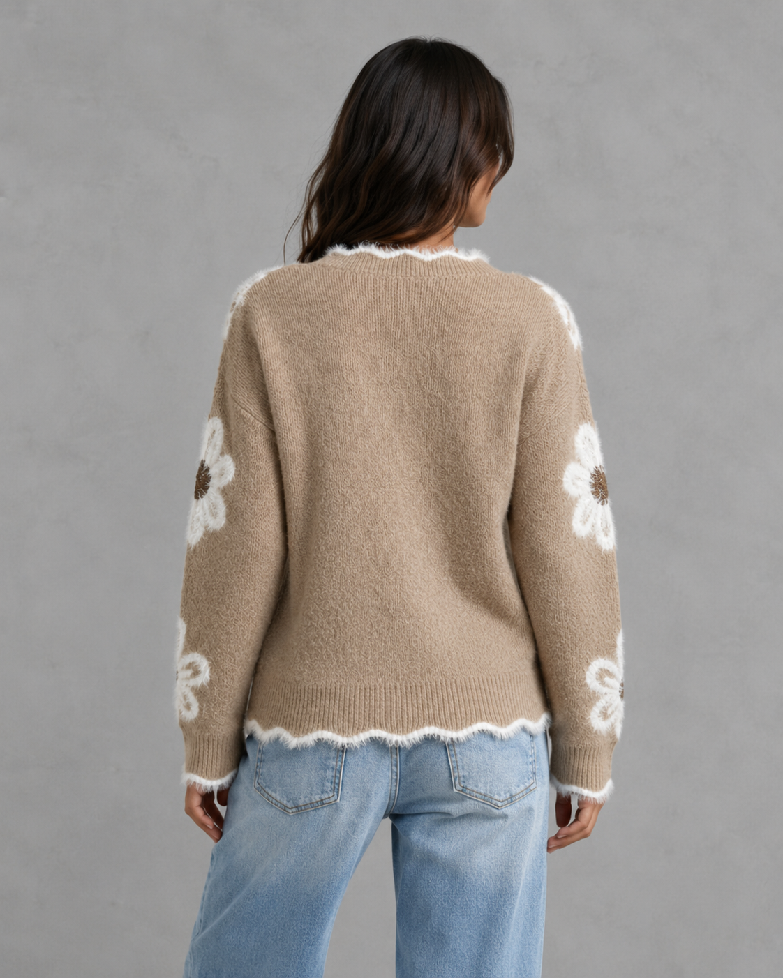 Floral Fuzzy Trim V-Neck Knit Sweater 3