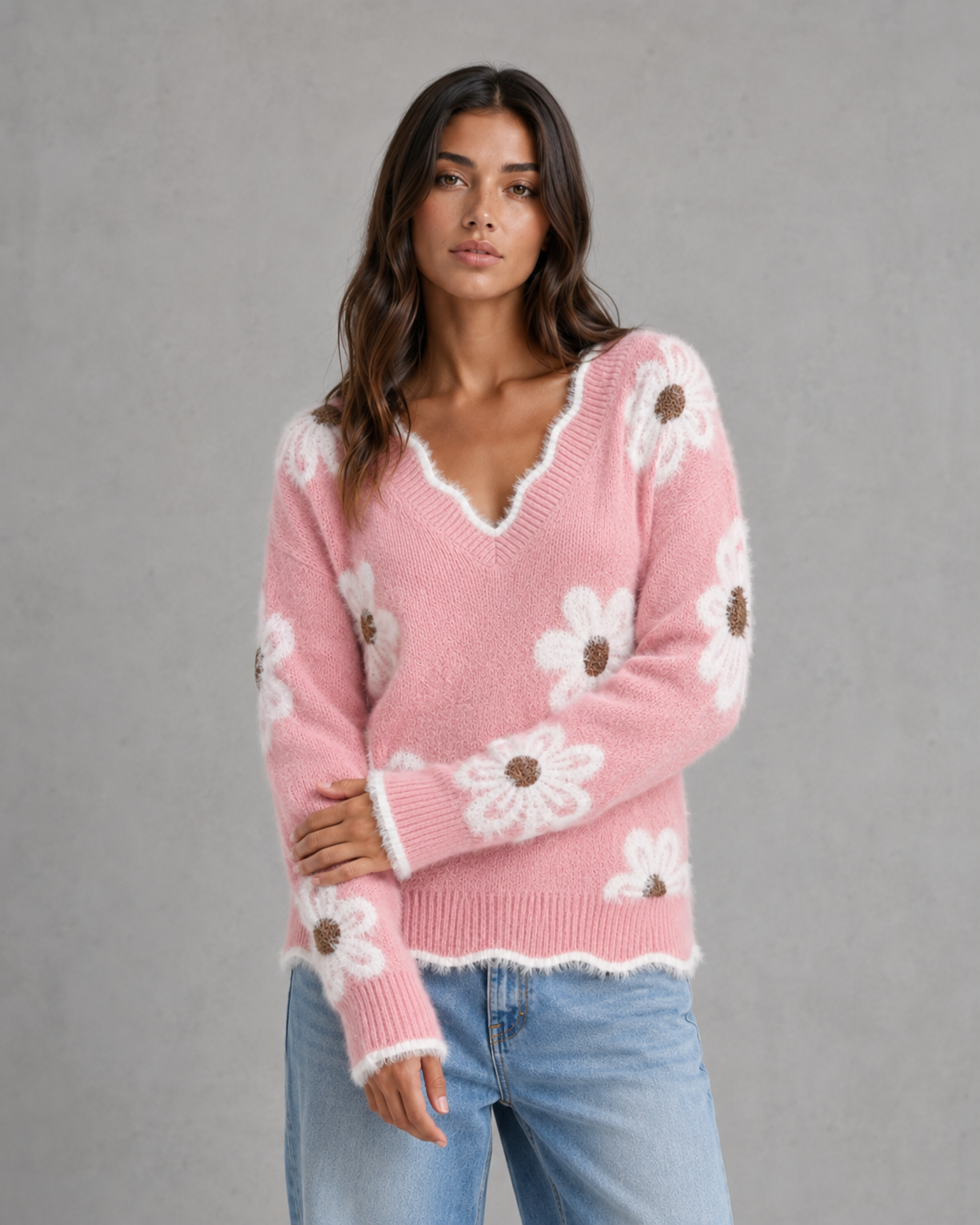 Floral Fuzzy Trim V-Neck Knit Sweater 6