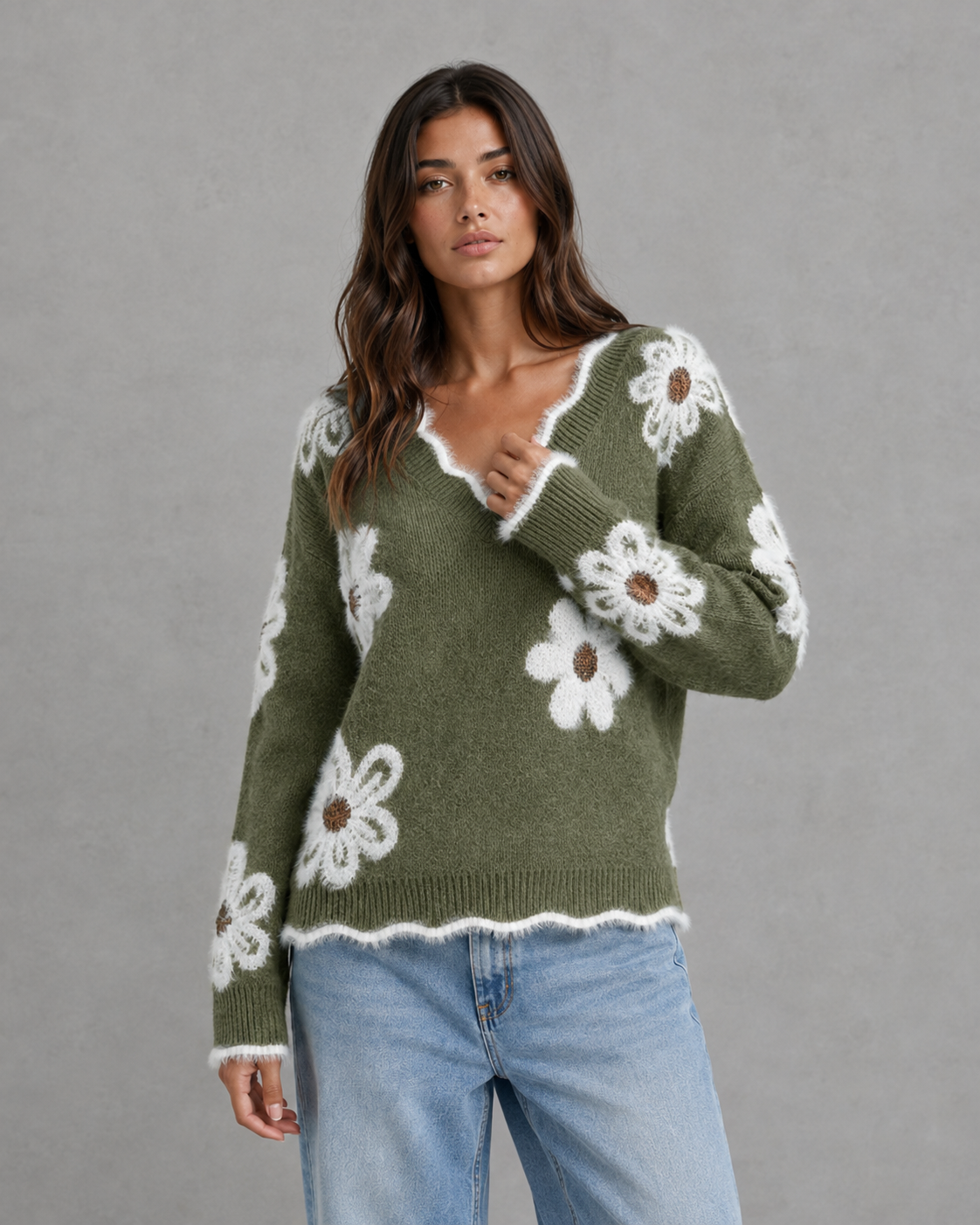Floral Fuzzy Trim V-Neck Knit Sweater 7