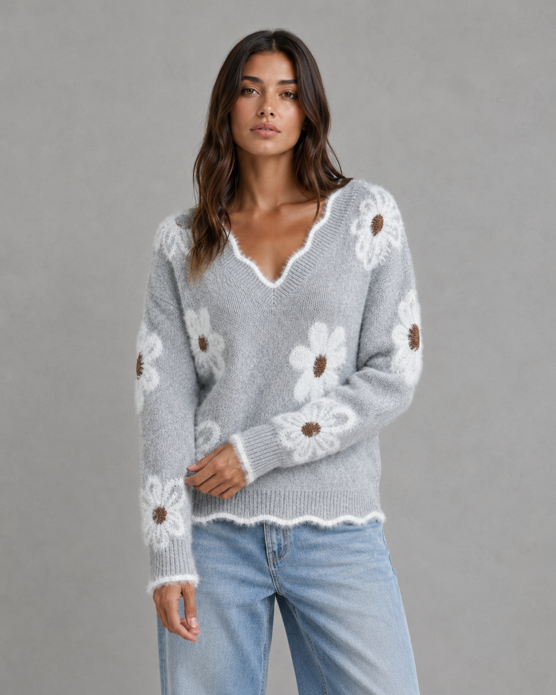 Floral Fuzzy Trim V-Neck Knit Sweater 9