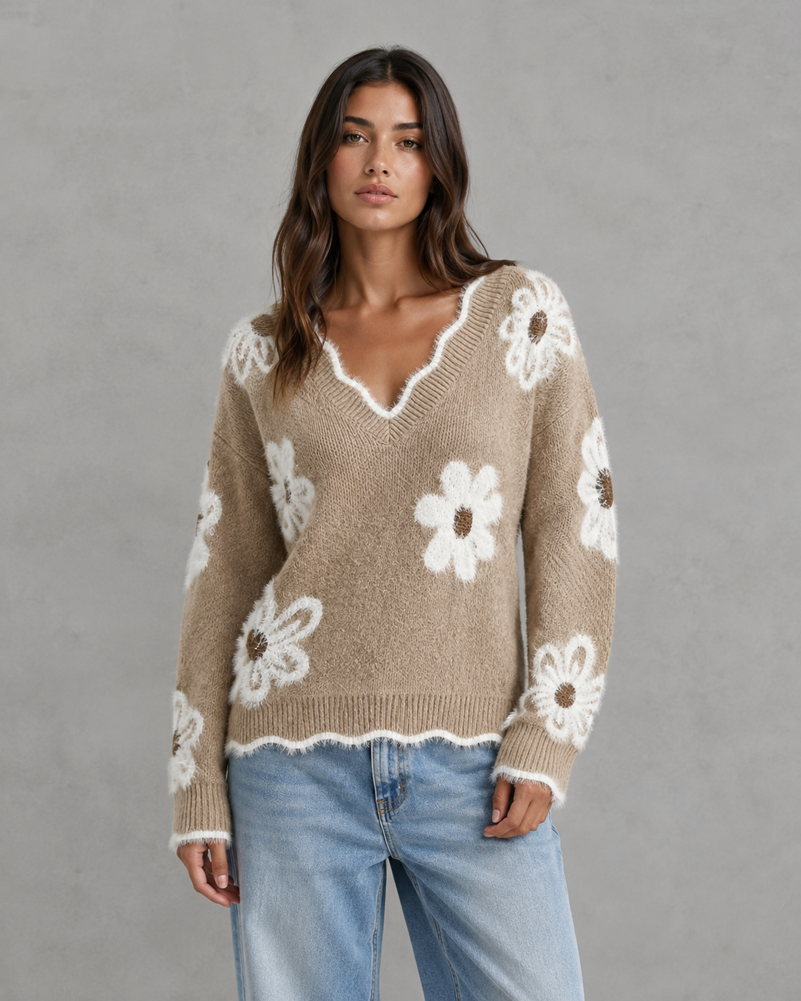Floral Fuzzy Trim V-Neck Knit Sweater