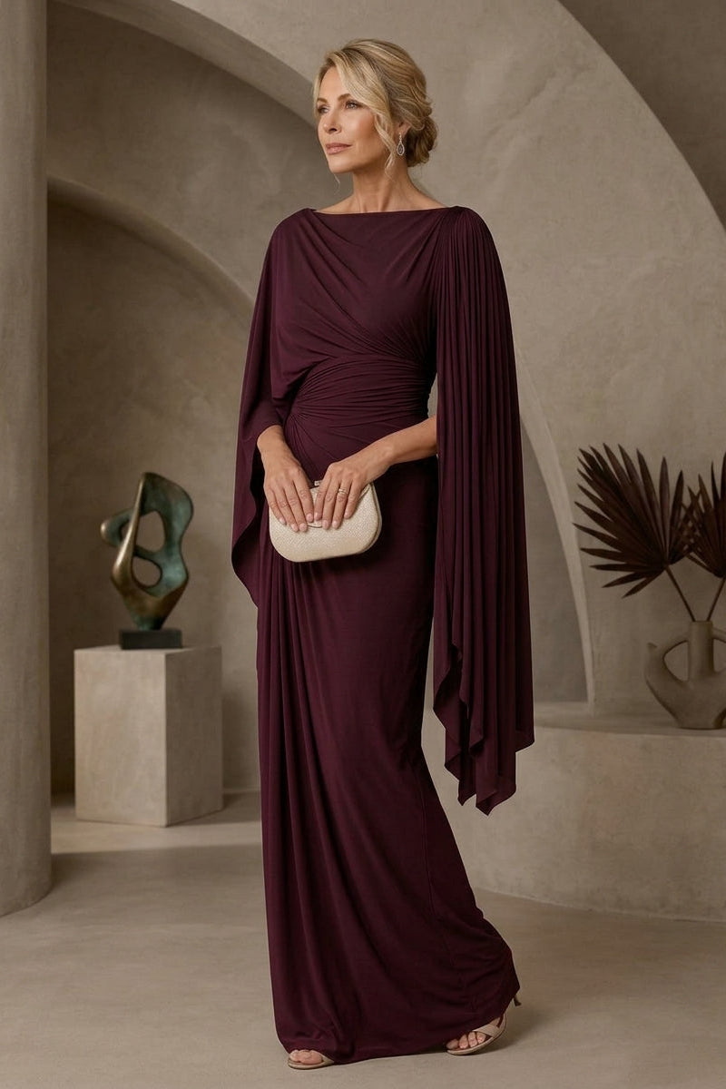 Boat Neck Draped Cape Sleeve Ruched Maxi Gown