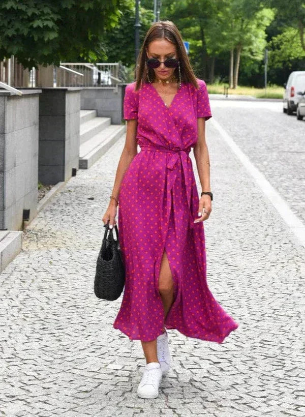 Floral Print V-Neck Short Sleeve Button Front Tie Waist Dress - View 3