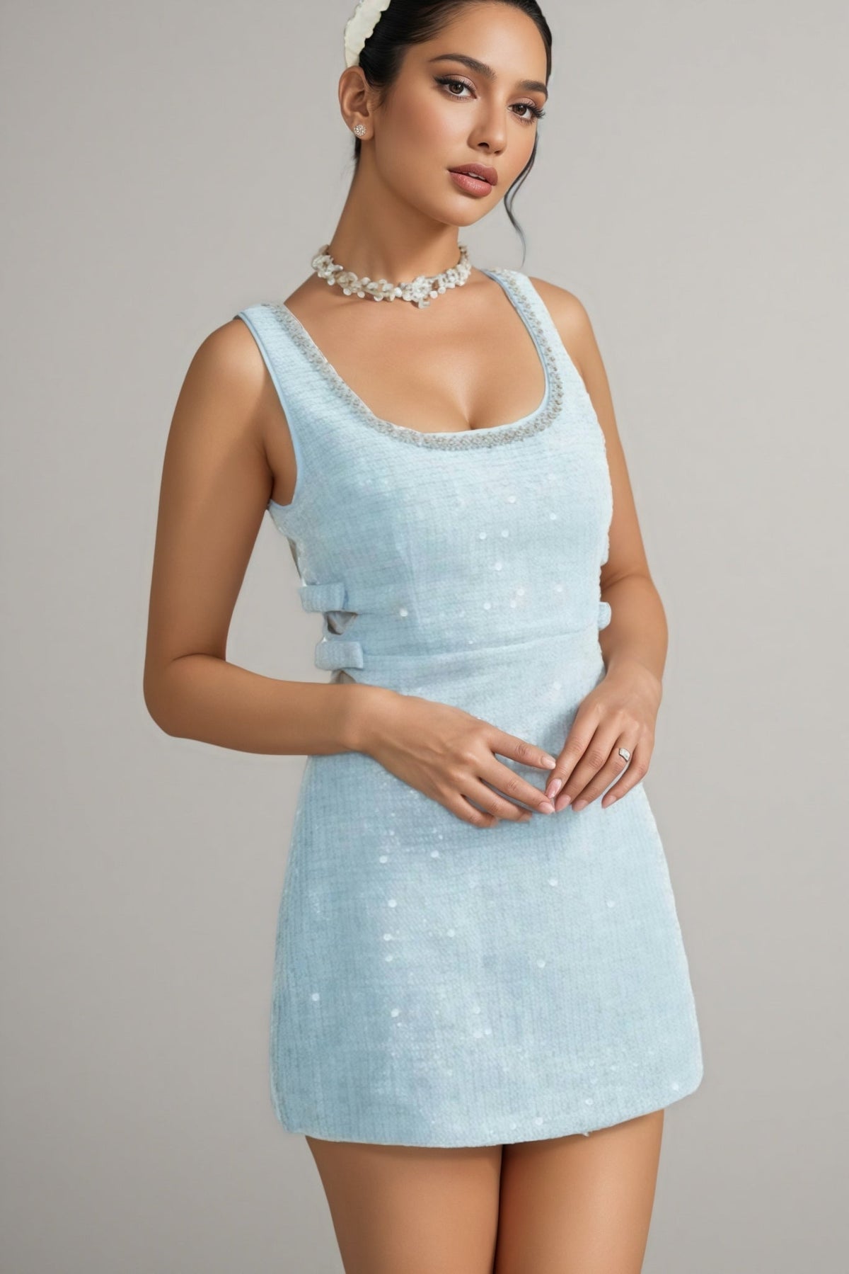 Sequin Tweed Square Neck Sleeveless Bodycon Mini Dress - View 4