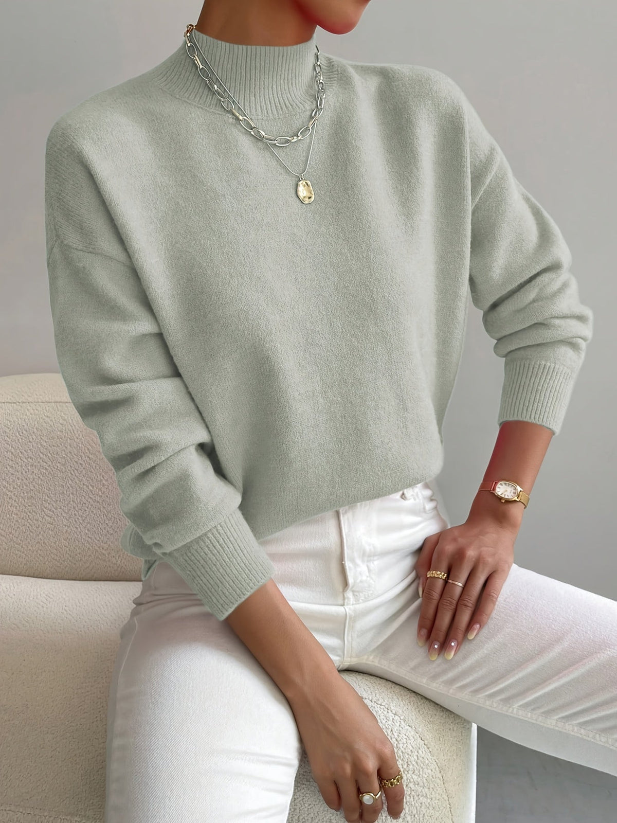 Mock Neck Long Sleeve Drop Shoulder Knit Sweater