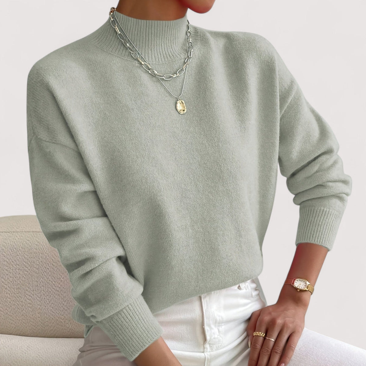 Mock Neck Long Sleeve Drop Shoulder Knit Sweater 10