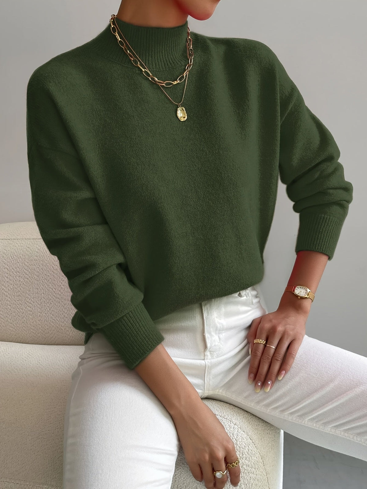 Mock Neck Long Sleeve Drop Shoulder Knit Sweater 8