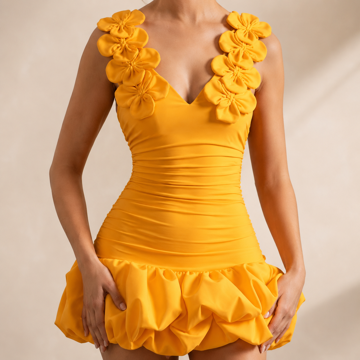 Floral Strap Sweetheart Ruched Bubble Hem Mini Dress 22