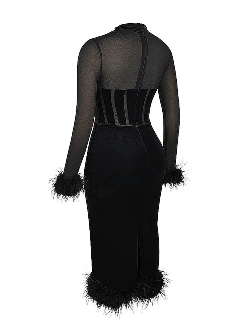 Velvet Long Sleeve Corset Feather Trim Bodycon Midi Dress - View 7