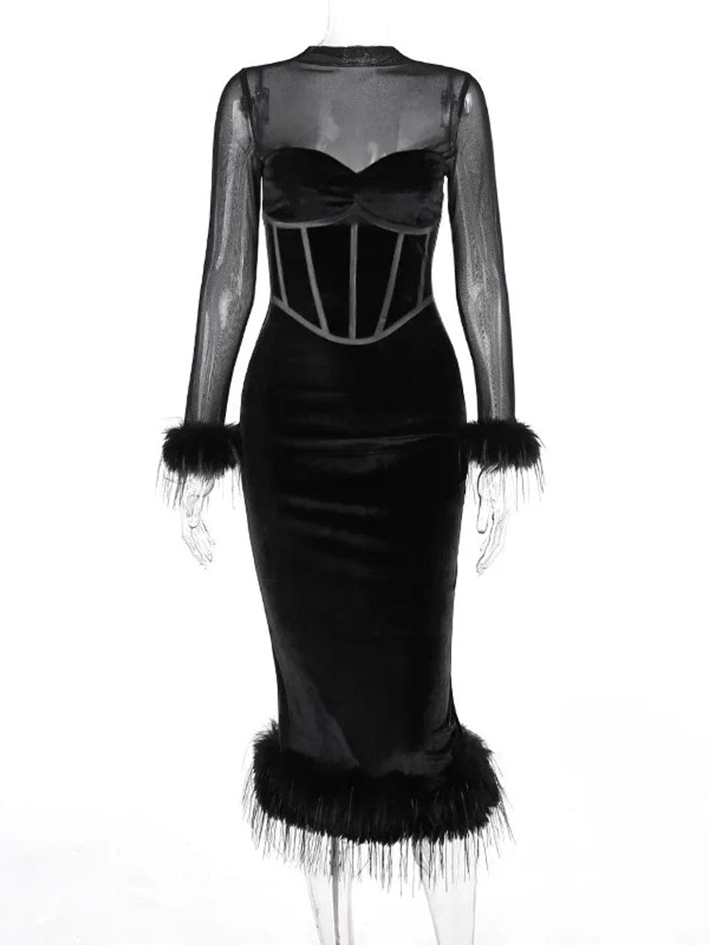 Mesh High Neck Long Sleeve Corset Feather Trim Bodycon Midi Dress - View 8