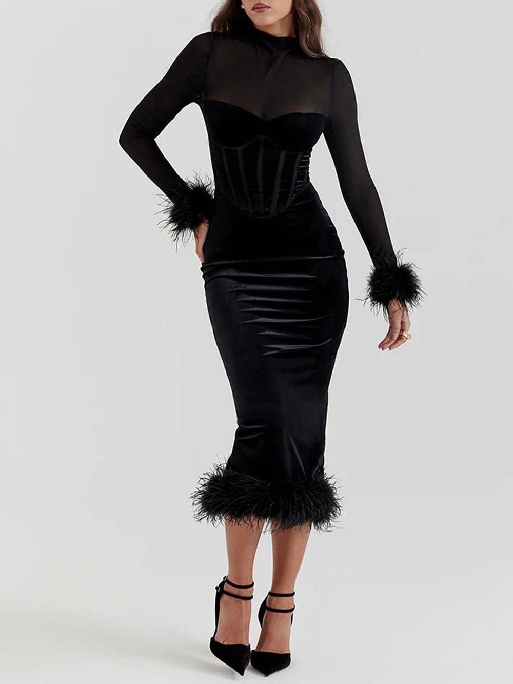 Velvet Long Sleeve Corset Feather Trim Bodycon Midi Dress - View 4