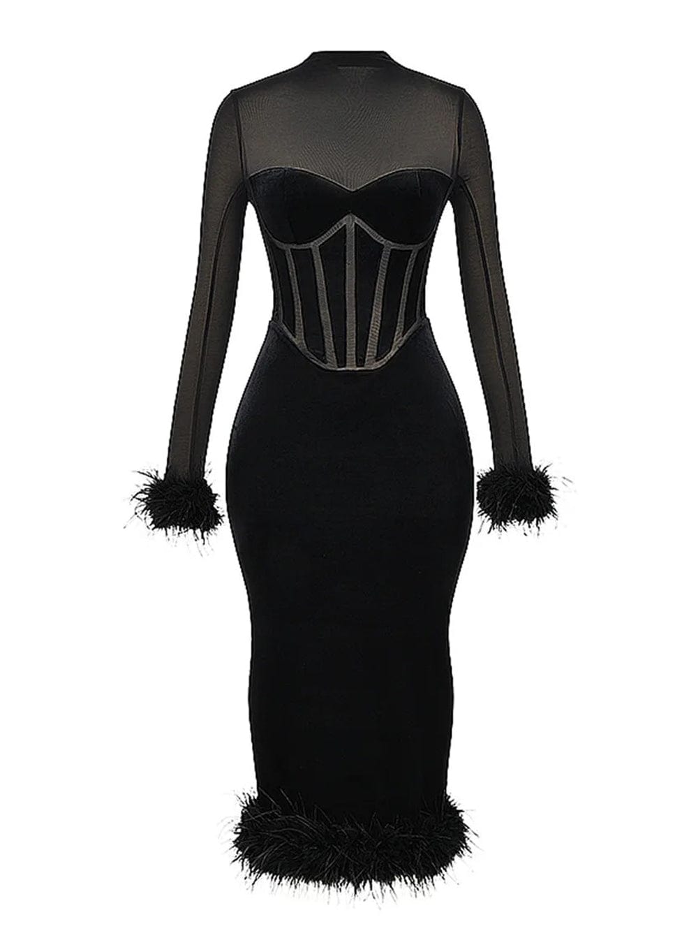 Mesh High Neck Long Sleeve Corset Feather Trim Bodycon Midi Dress - View 5