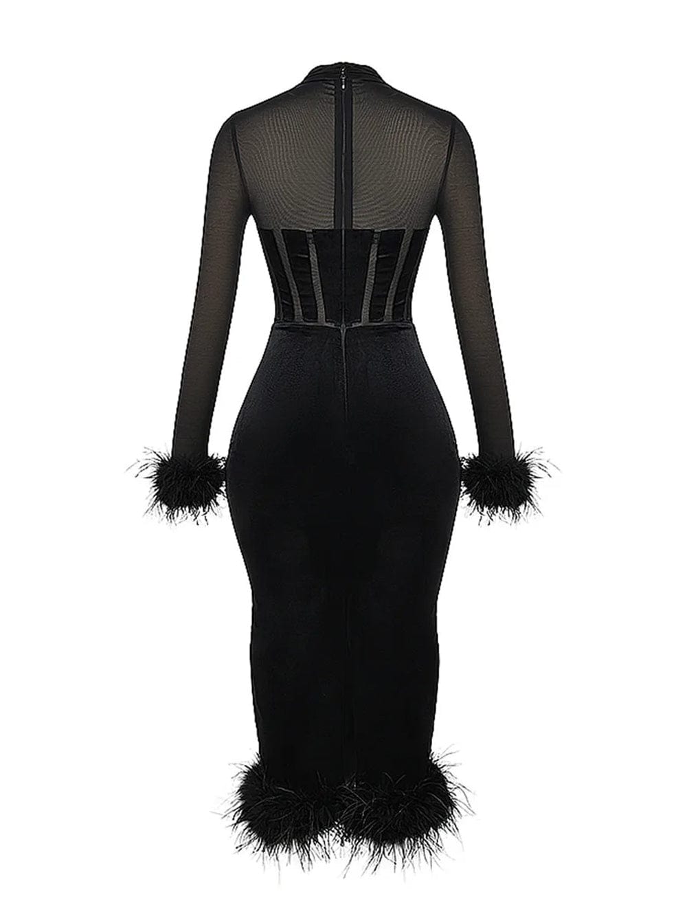 Velvet Long Sleeve Corset Feather Trim Bodycon Midi Dress - View 6