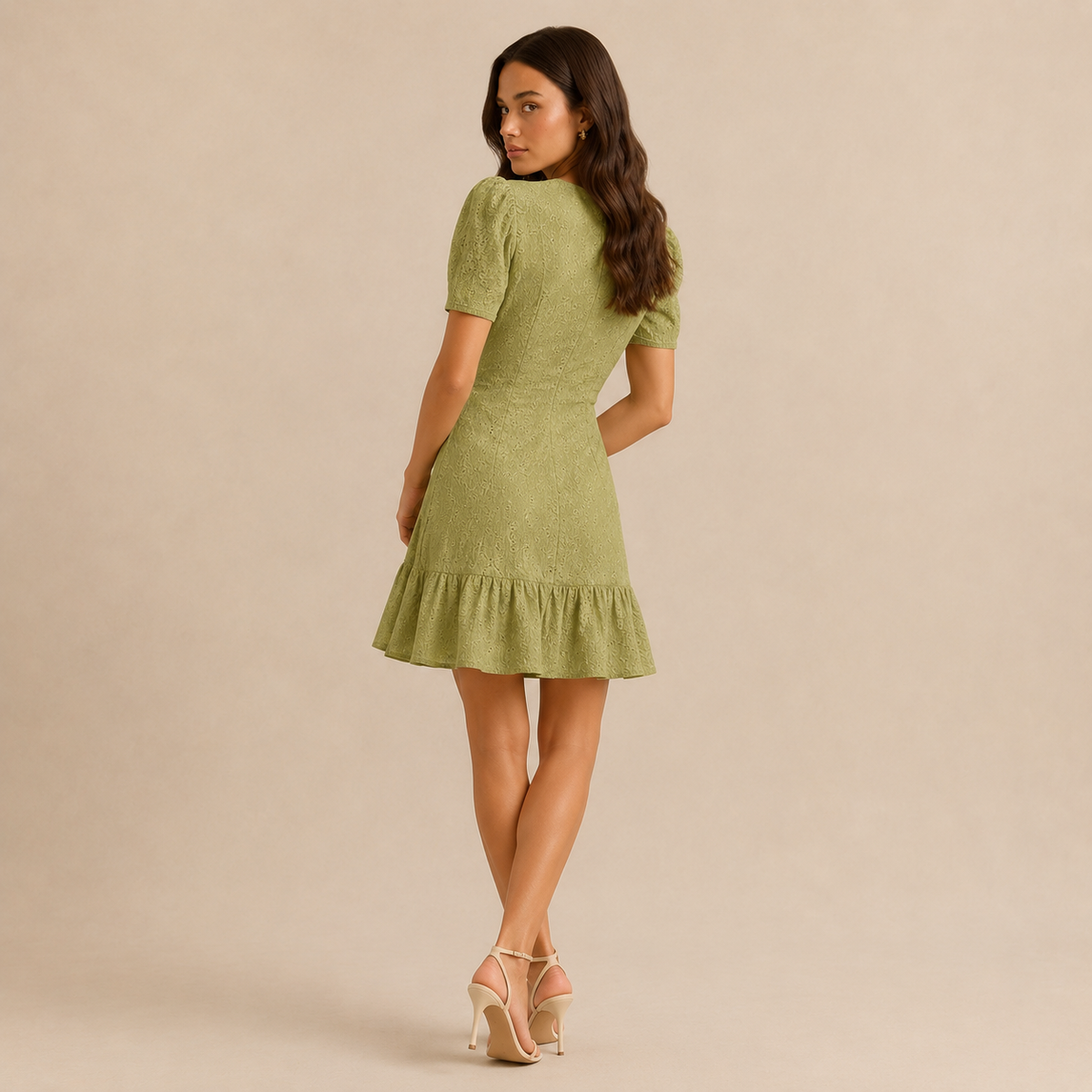 V-Neck Button Front Eyelet Ruffle Hem Mini Dress 15