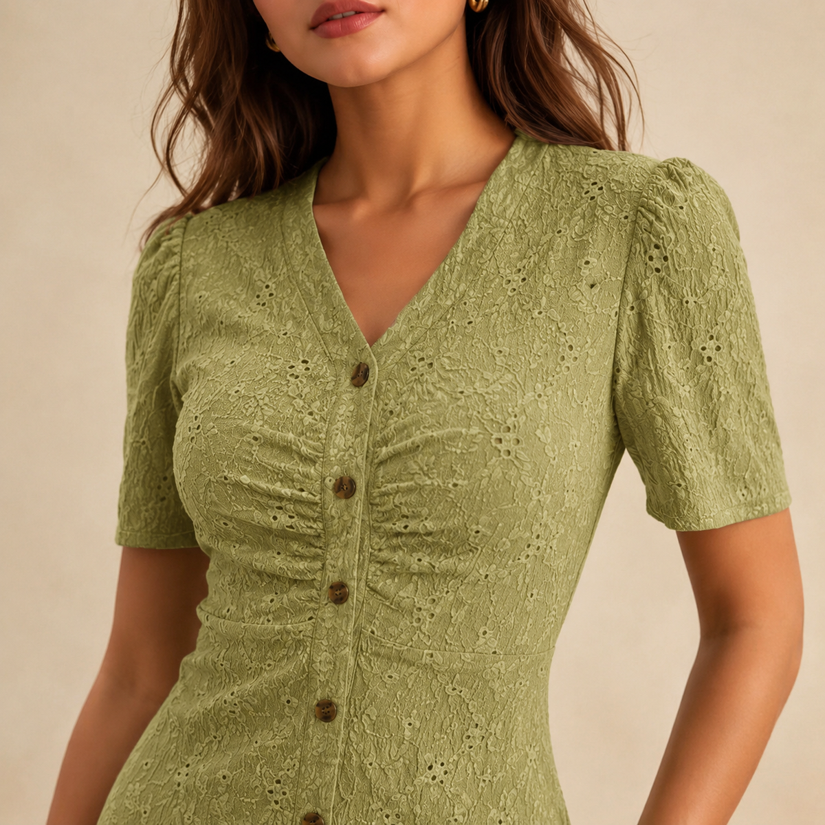 V-Neck Button Front Eyelet Ruffle Hem Mini Dress 14