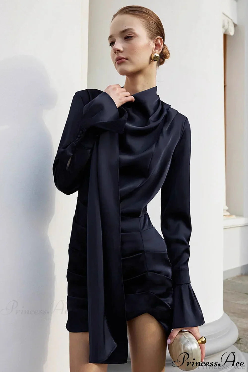 Matte Satin Ruffle Sleeve Stand Collar Mini Dress